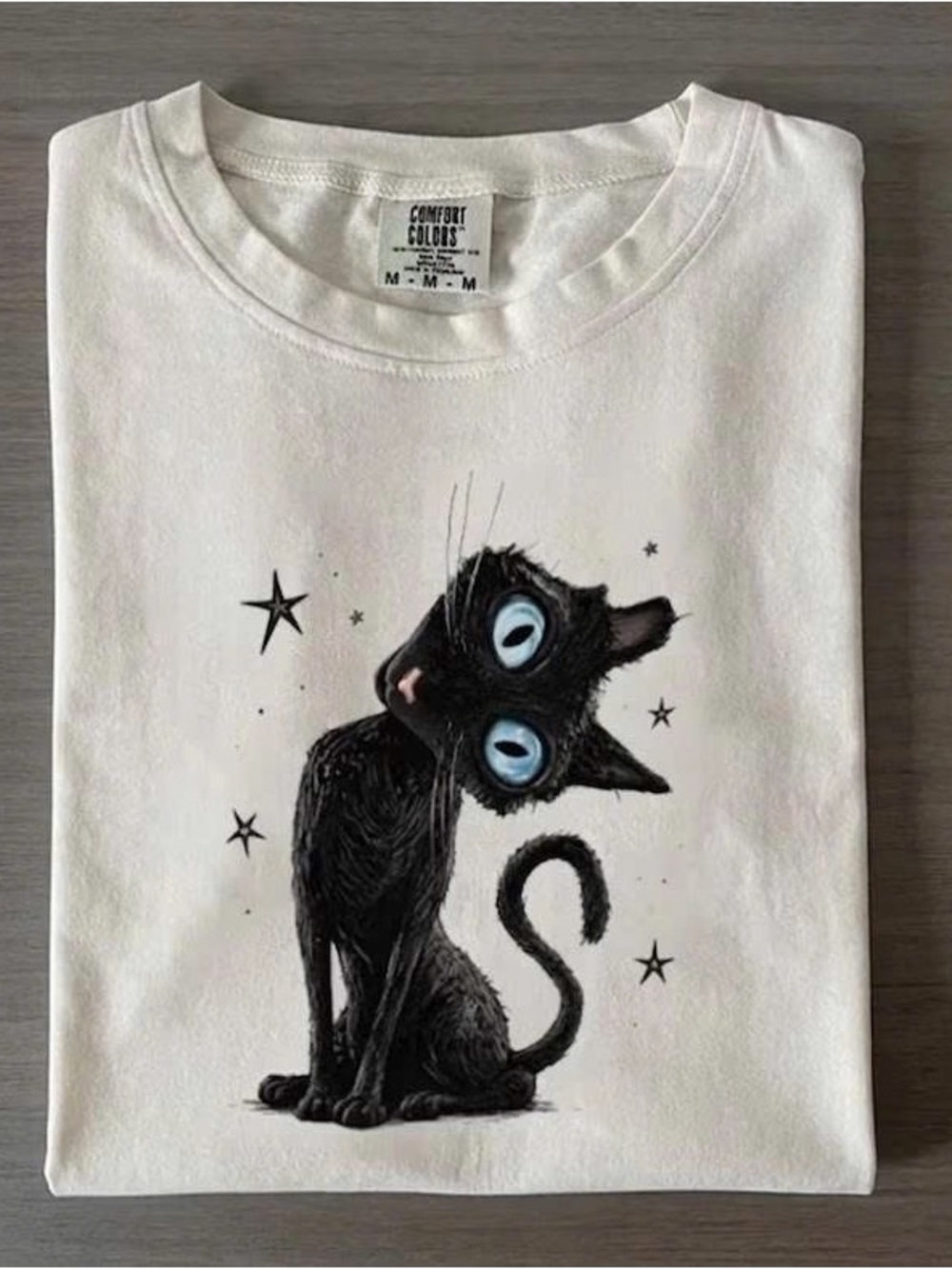 Comfort Colors White Tee with Playful Black Cat and Blue Eyes